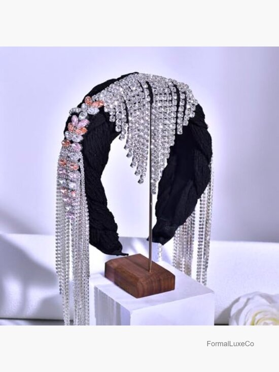 Handmade Rhinestone Tassel Headband, Bohemian Hair Crown, Wide Brim Headwear,